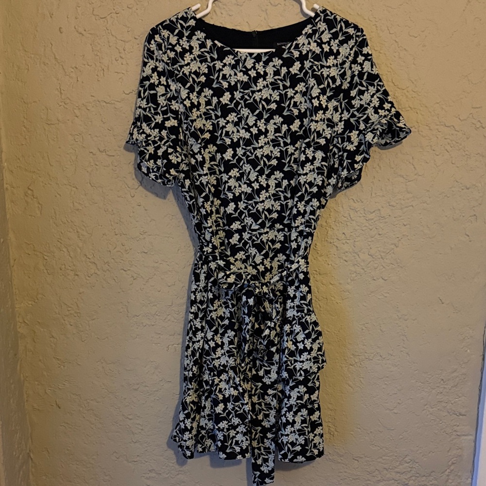 Banana Republic Navy and White Floral Tie-Waist Mini Dress with Ruffle Skirt